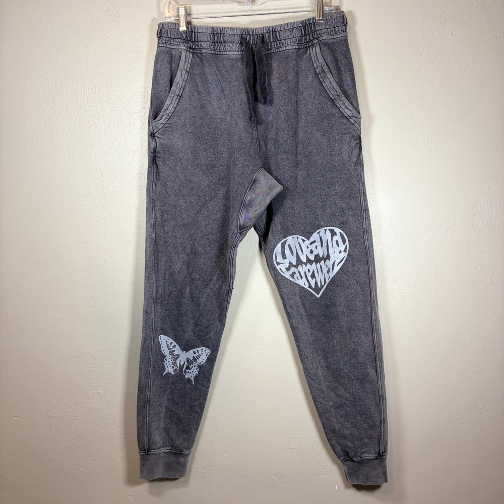 Love and Farewell Mineral Wash Butterfly Heart Joggers‎ Charcoal Sweatpants M